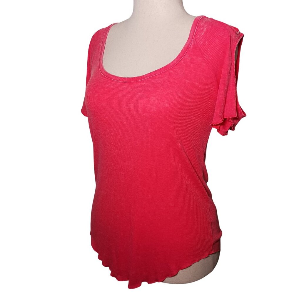 NEW Chaser Ribbed‎ Cotton Blend Top Cut-out Shoulders Watermelon Pink L